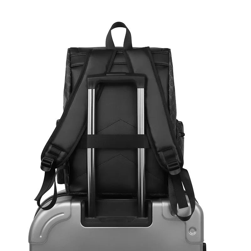 Men's plaid backpack in black and brown PU with curved shoulder straps for commute and business travel