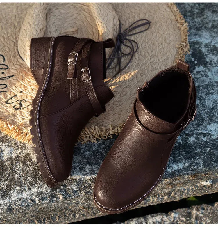 Low-heeled leather belt-buckle plus-size round-toe ankle boots in black with side zipper and chunky heel