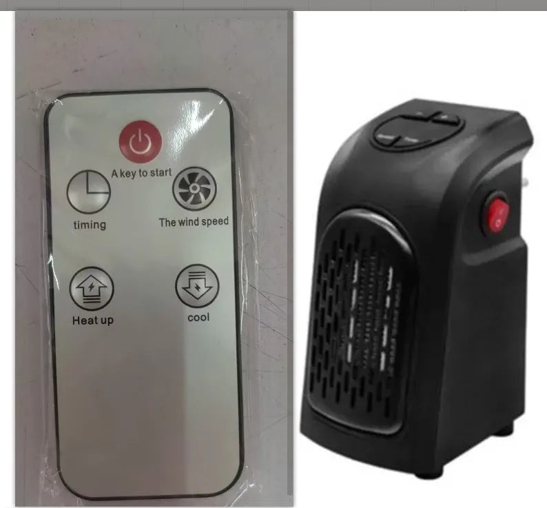 Black compact ceramic fan heater with control buttons on a white background.