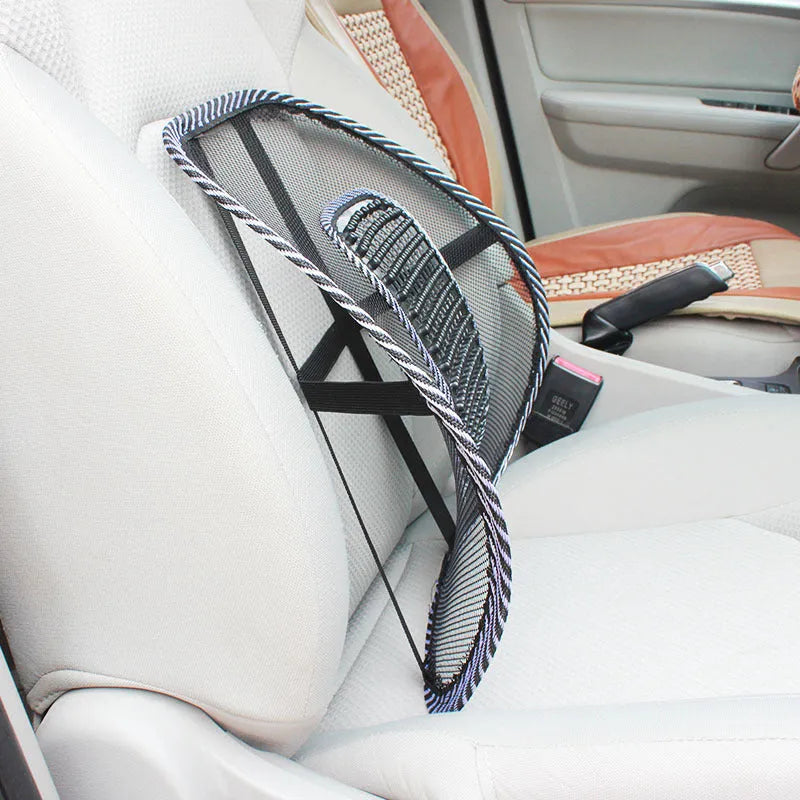 Black car lumbar support pillow with steel wire frame showing adjustable bending