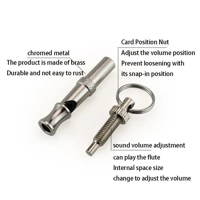 Metallic-coloured adjustable ultrasonic dog training whistle made from brass electroplated nickel.