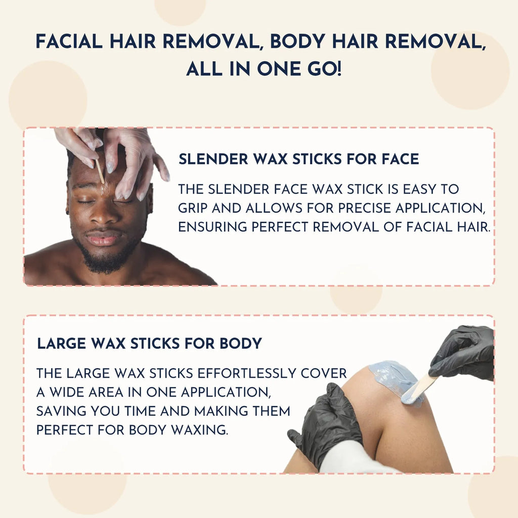 27-piece hair removal waxing kit showing electric heater, four coloured wax beads, wax sticks, and guidebook