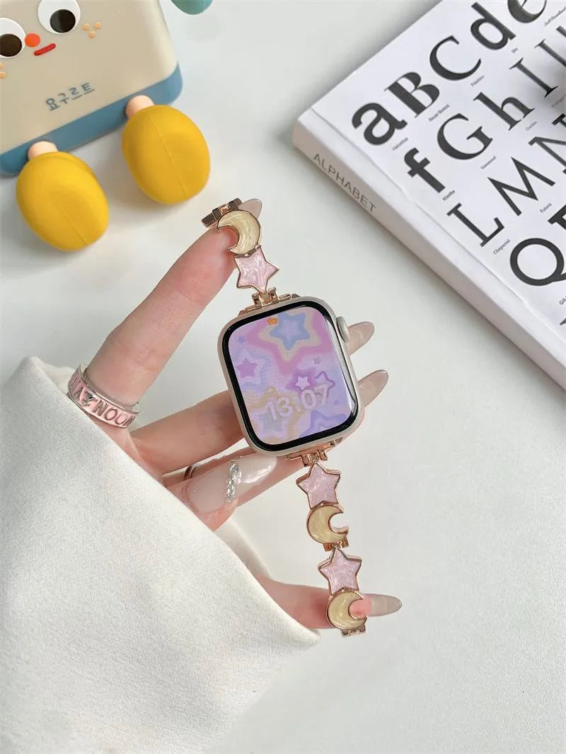 Metal chain strap for Apple iWatch Xingyue style snap button closure blue silver colours