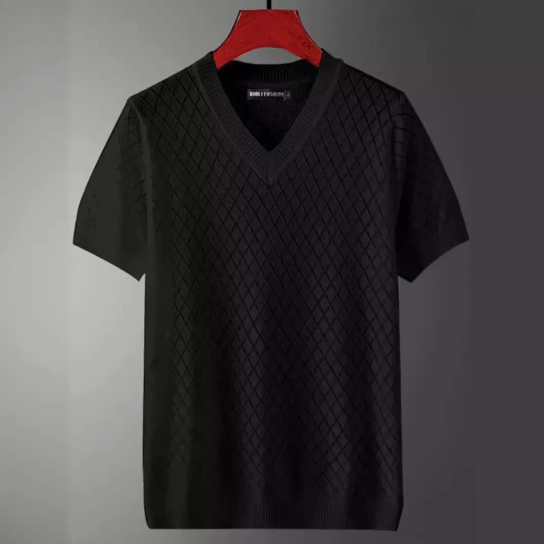 Men's black and white ice silk short sleeve t-shirt showing V-neck and round neck styles.
