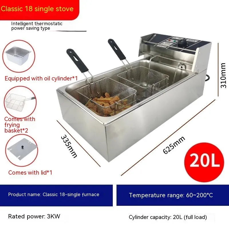 Commercial stainless steel electric deep fryer with temperature control and large cooking capacity