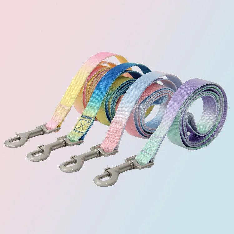 Gradient colour nylon dog lead and adjustable chest harness set in pink and yellow