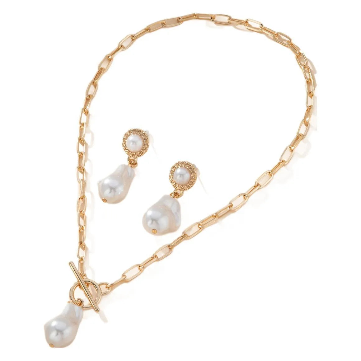 Gold baroque pearl pendant necklace and matching ear studs jewellery set for women
