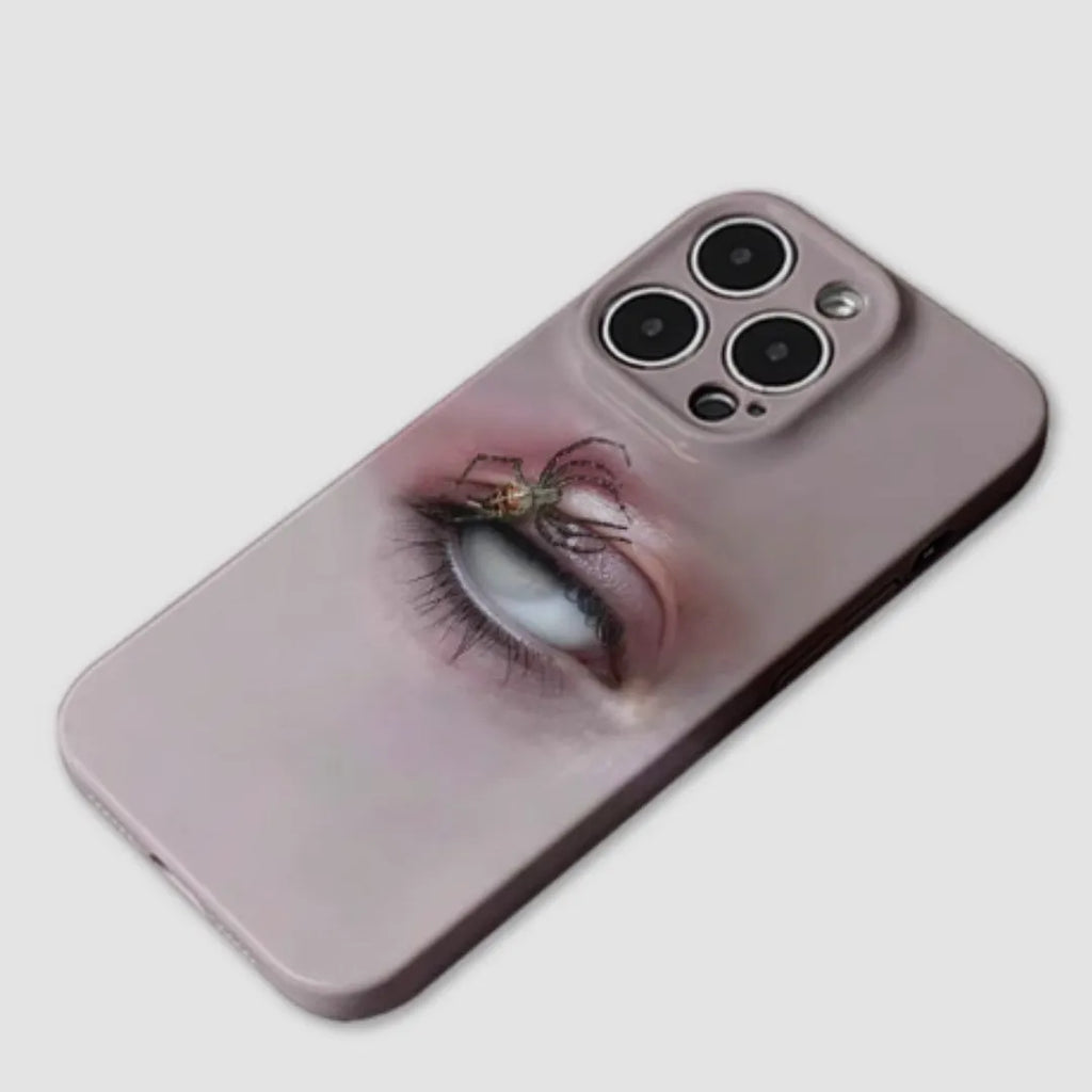Dark heterochromatic spider design resin phone case for iPhone, showing frosted finish and soft shell construction.