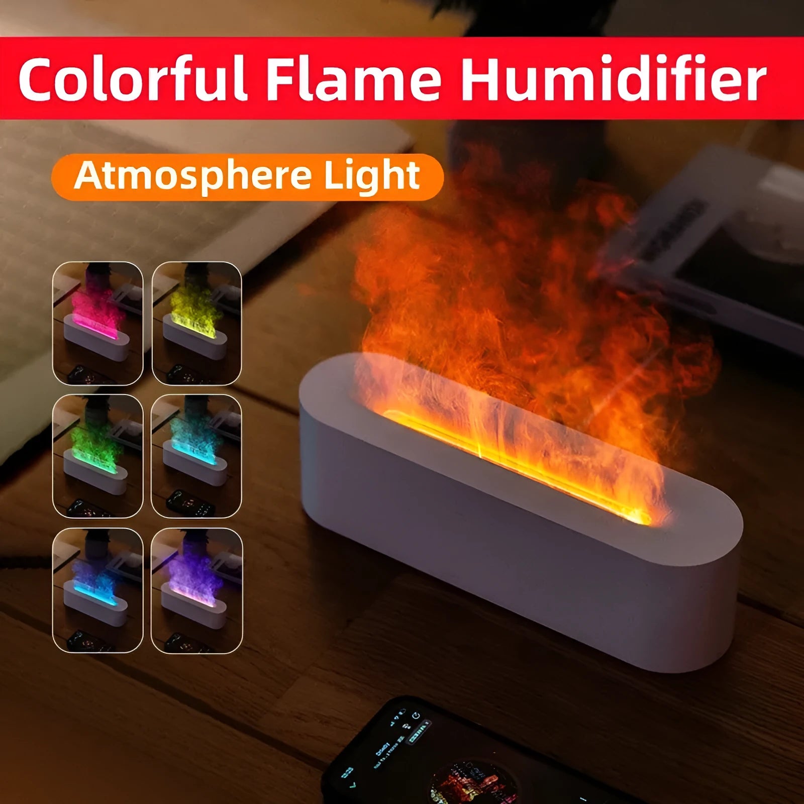 White square flame aroma diffuser with LED fire effect and ultrasonic humidifier function