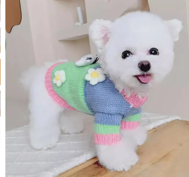 Blended fabric pet dog sweater in flower colour for autumn and winter sizes L and XL