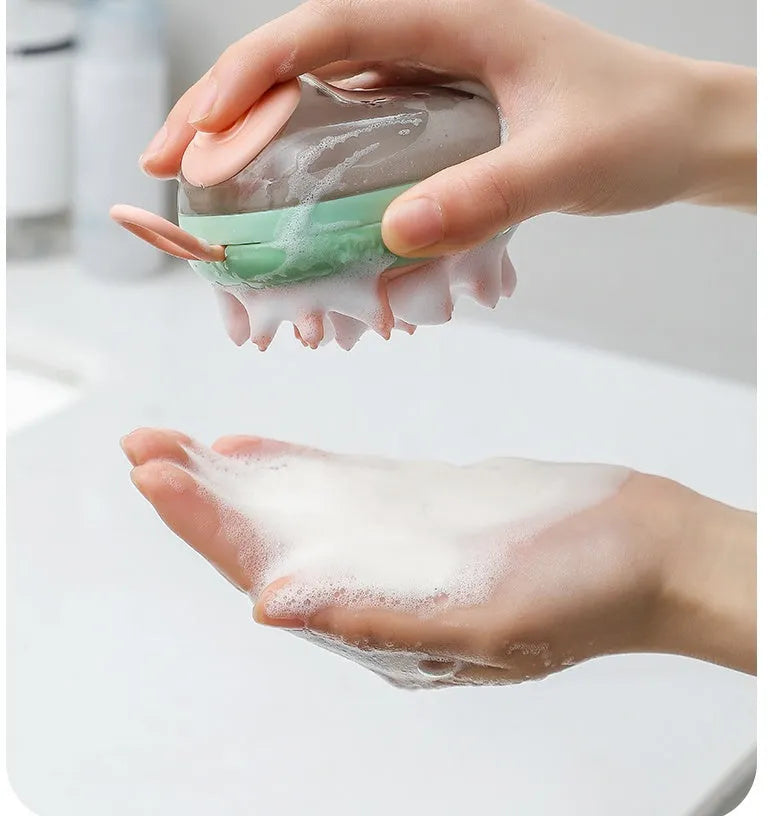 Blue and green 2-in-1 pet grooming brush with shampoo dispenser for dog and cat bathing