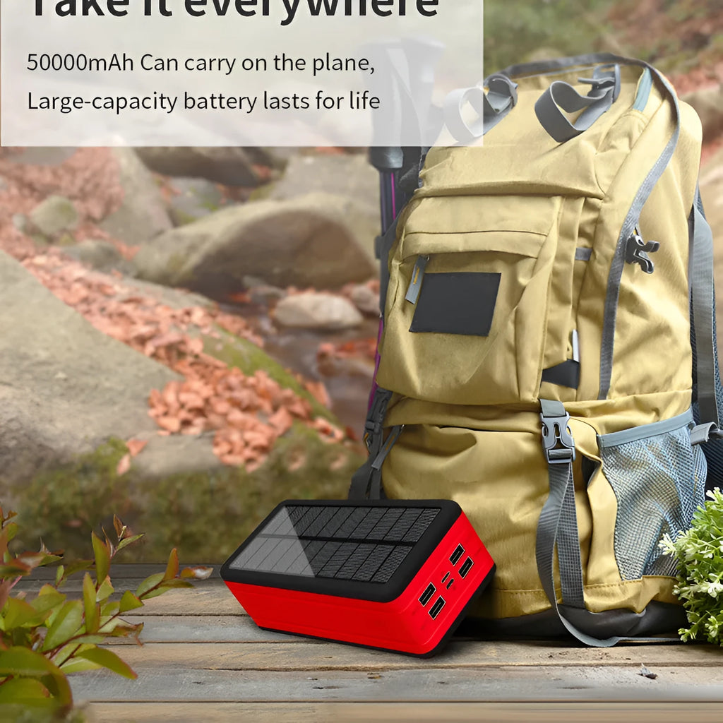 Black solar wireless power bank with coloured accents showing solar panel and wireless charging symbol
