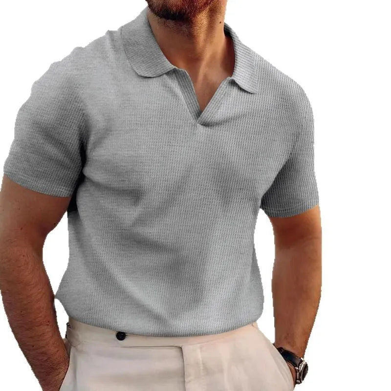 Men's black waffle knit t-shirt with lapels and short sleeves in slim fit