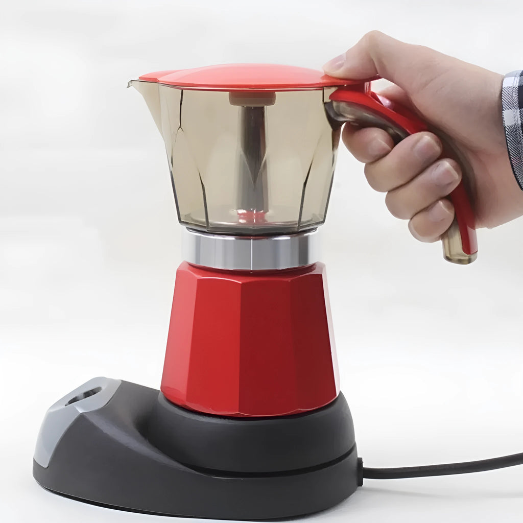 Octagonal electric Moka Pot coffee maker in aluminium construction with colour options including blue, green, red, silver and yellow