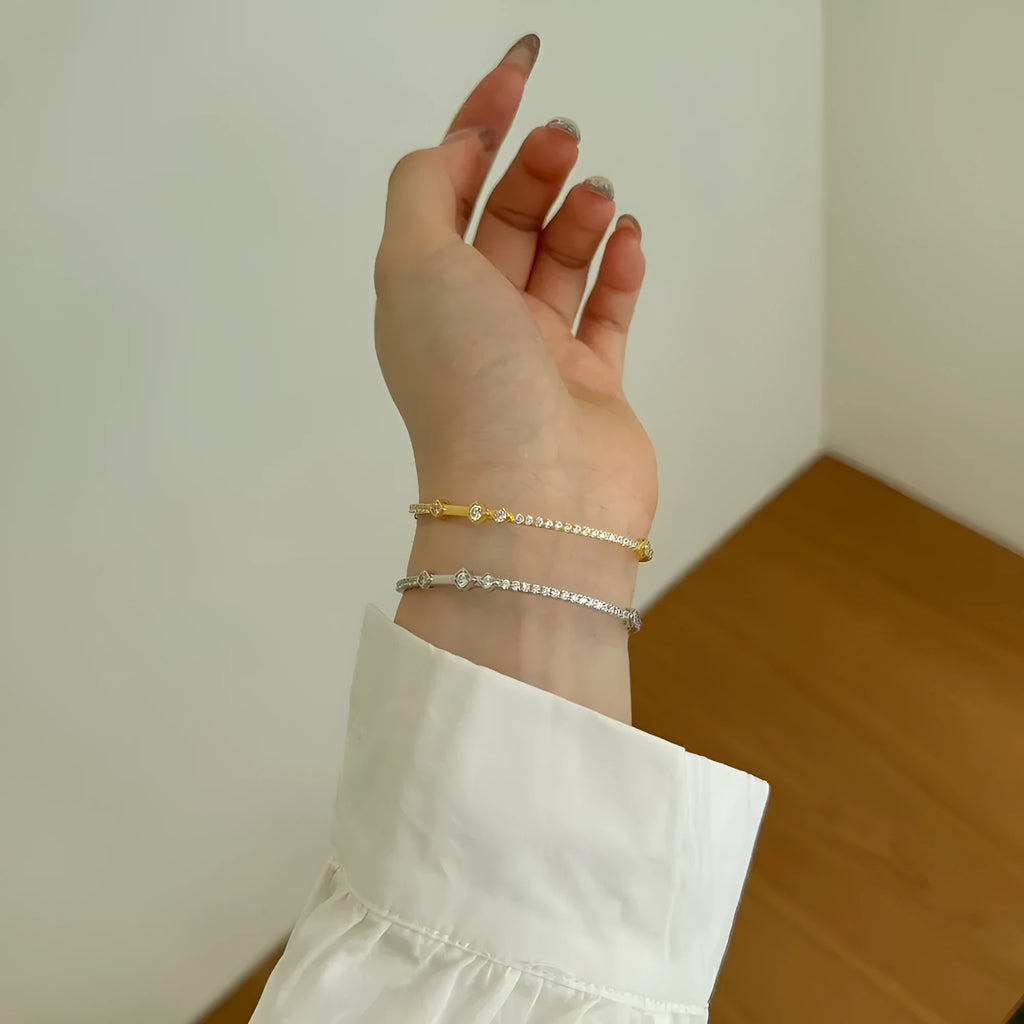 S925 sterling silver double chain bracelet for women round quadrilateral geometric white gold gold