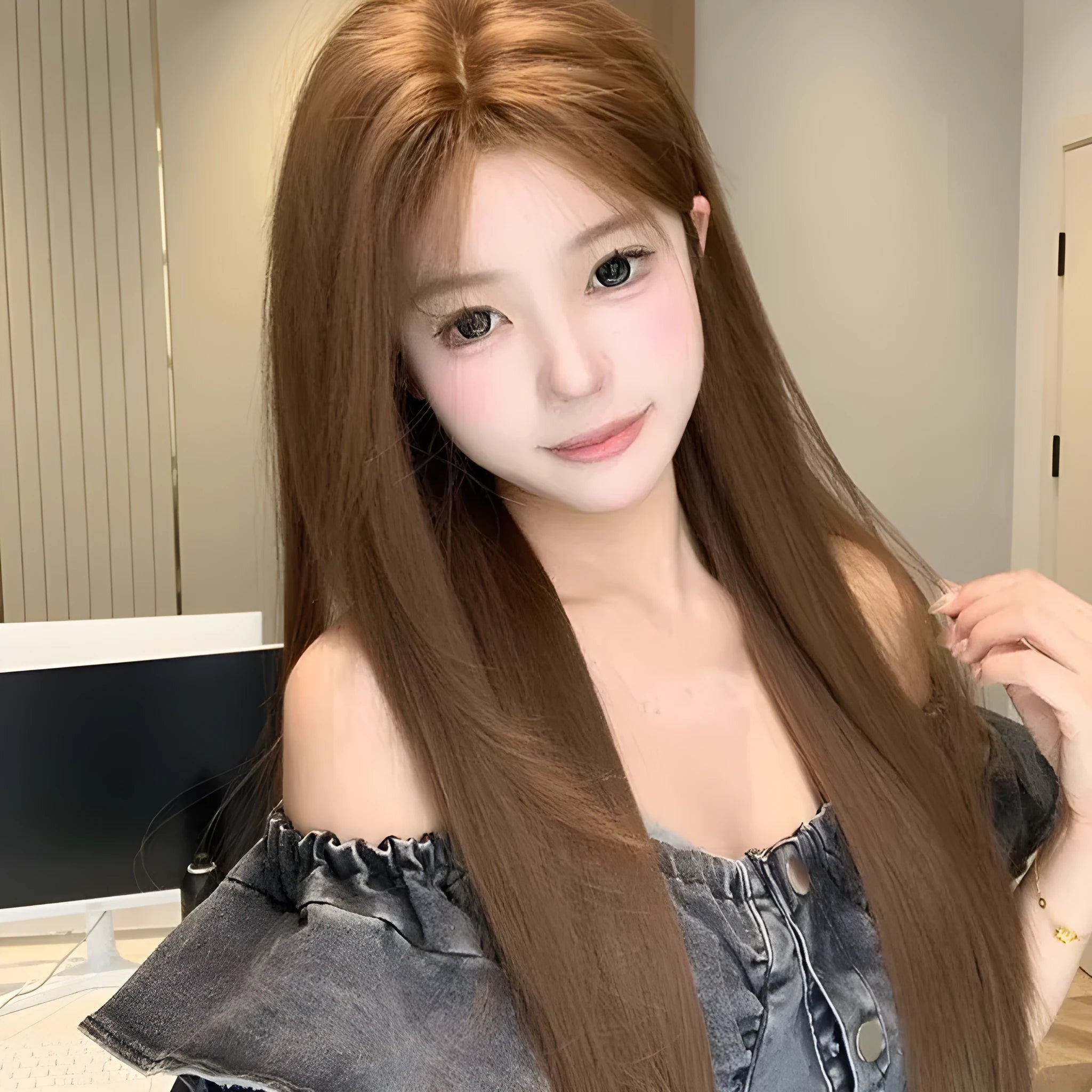 Long straight warm brown wig with centre-parted bangs and lace front construction