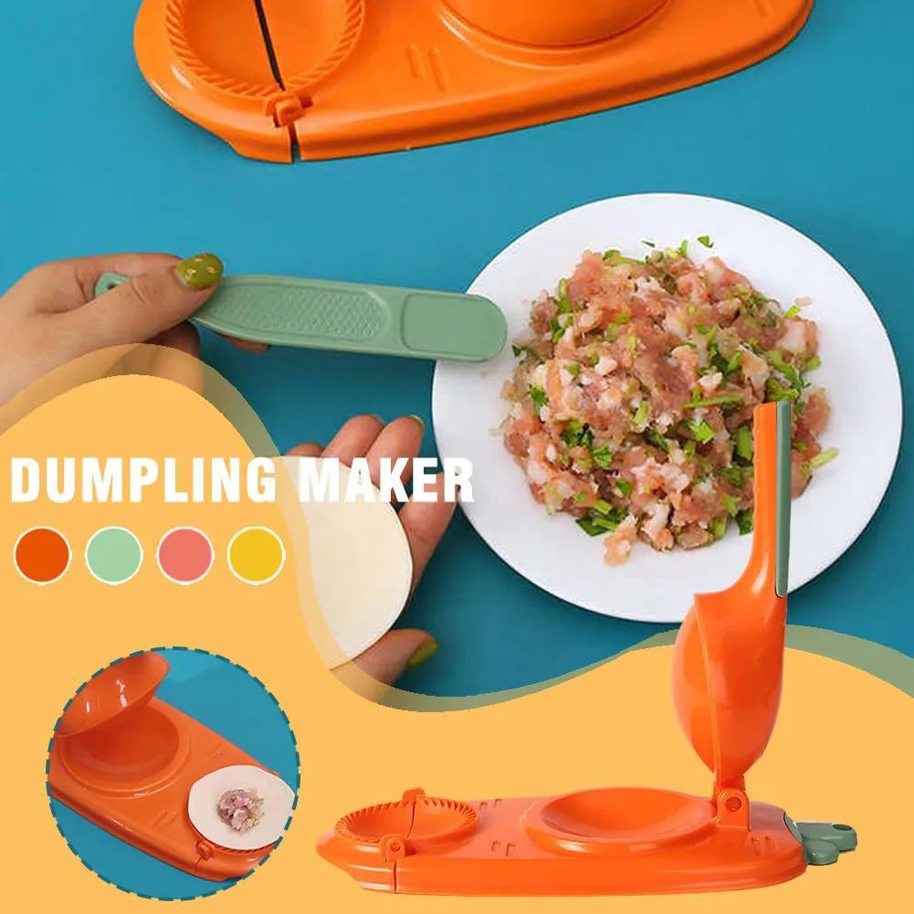 Orange and white plastic dumpling maker tool with ergonomic handle and hanging hole