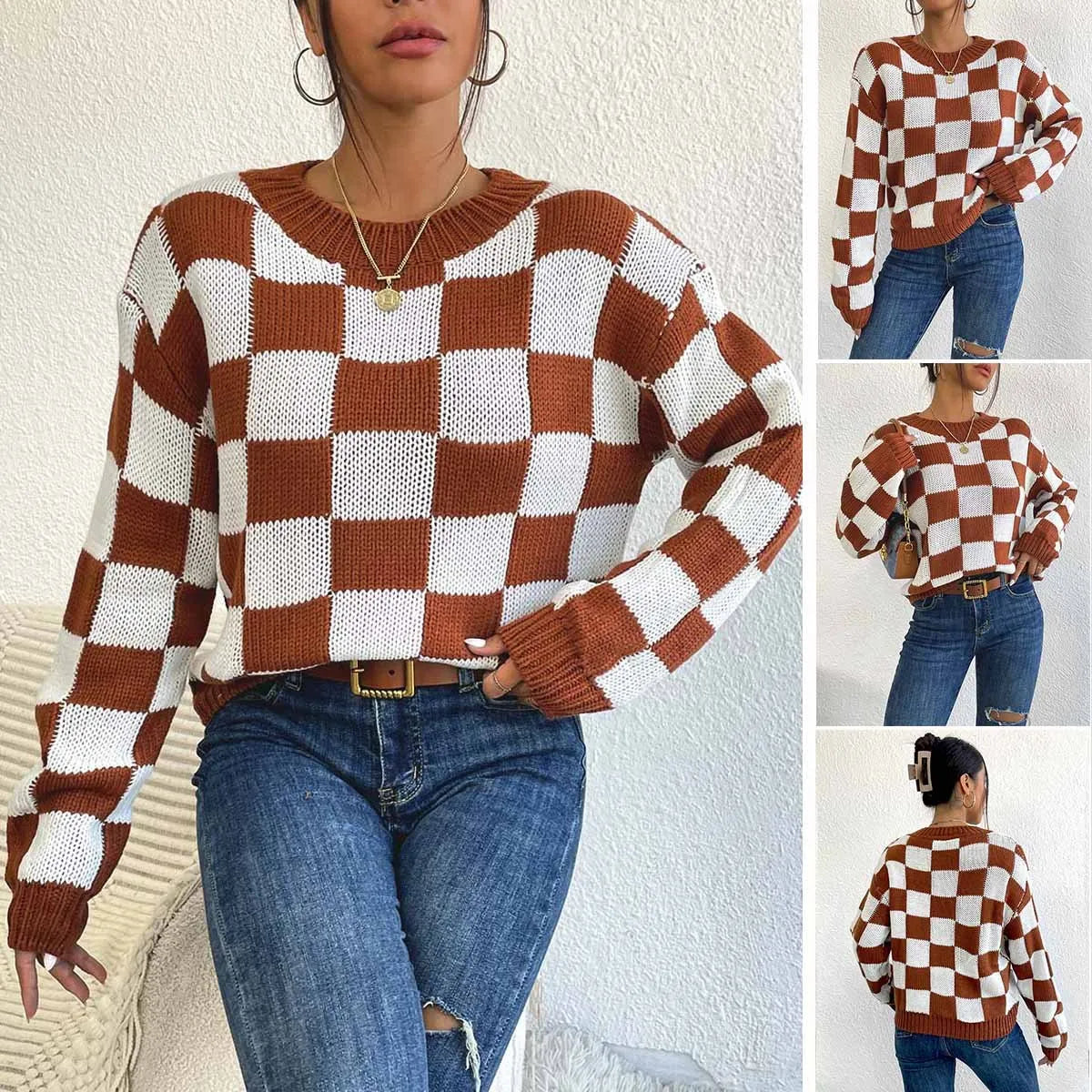 Dark brown plaid pattern on a loose-fitting acrylic pullover sweater with long sleeves