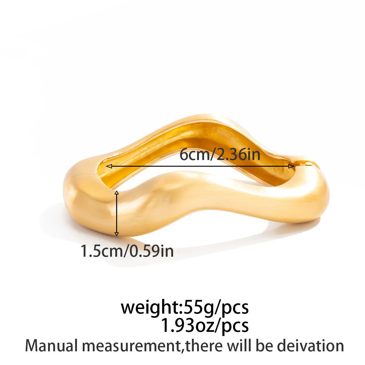 Electroplated alloy opening bracelet with elliptical motif in matte gold finish, cold wind style