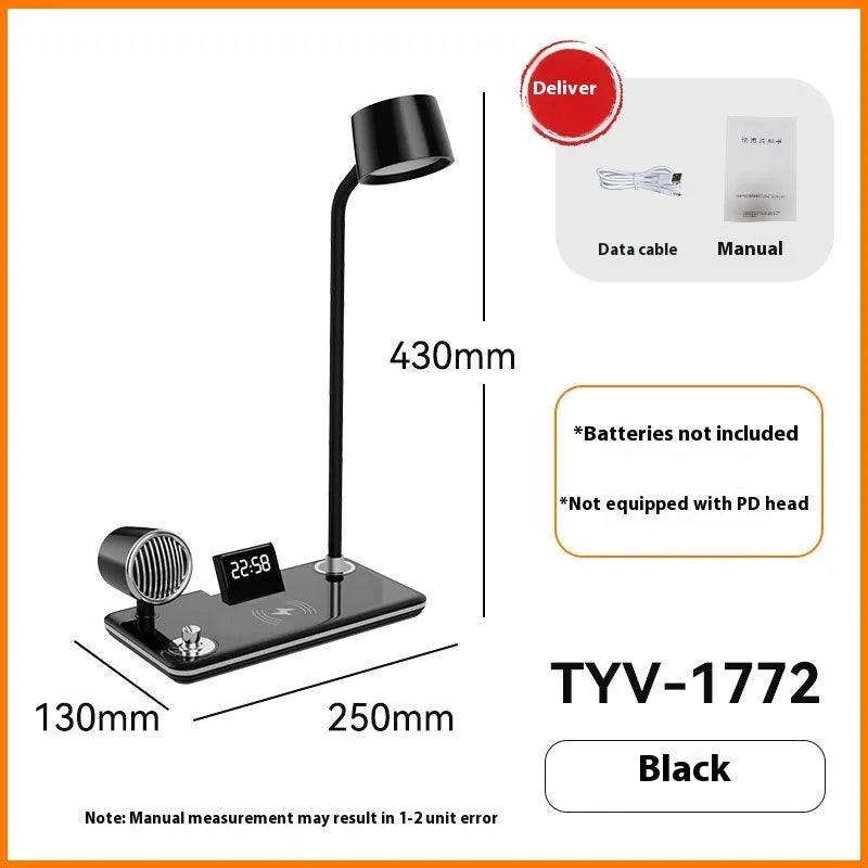 Black desk lamp with wireless charging pad, digital clock display, and adjustable lighting
