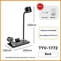 Black desk lamp with wireless charging pad, digital clock display, and adjustable lighting