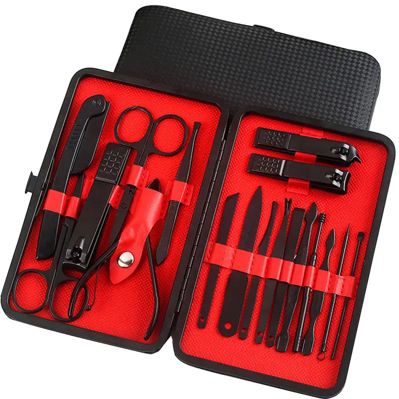 Professional stainless steel manicure and pedicure tool set in black leather case with nail clippers, cuticle pliers, and cuticle knife