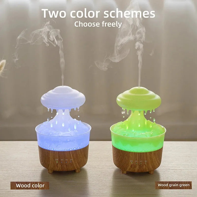 Wood grain white column-shaped rain cloud humidifier diffuser with colourful LED night light