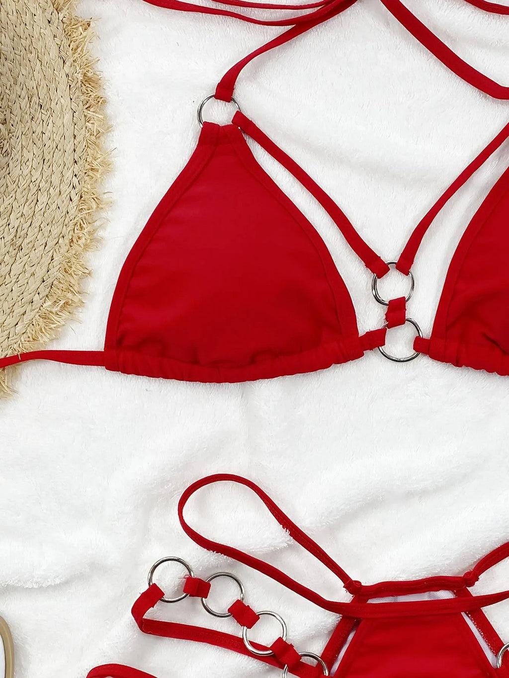 Women's separated bikini set in nylon fabric available in multiple colours including rose red and sapphire blue