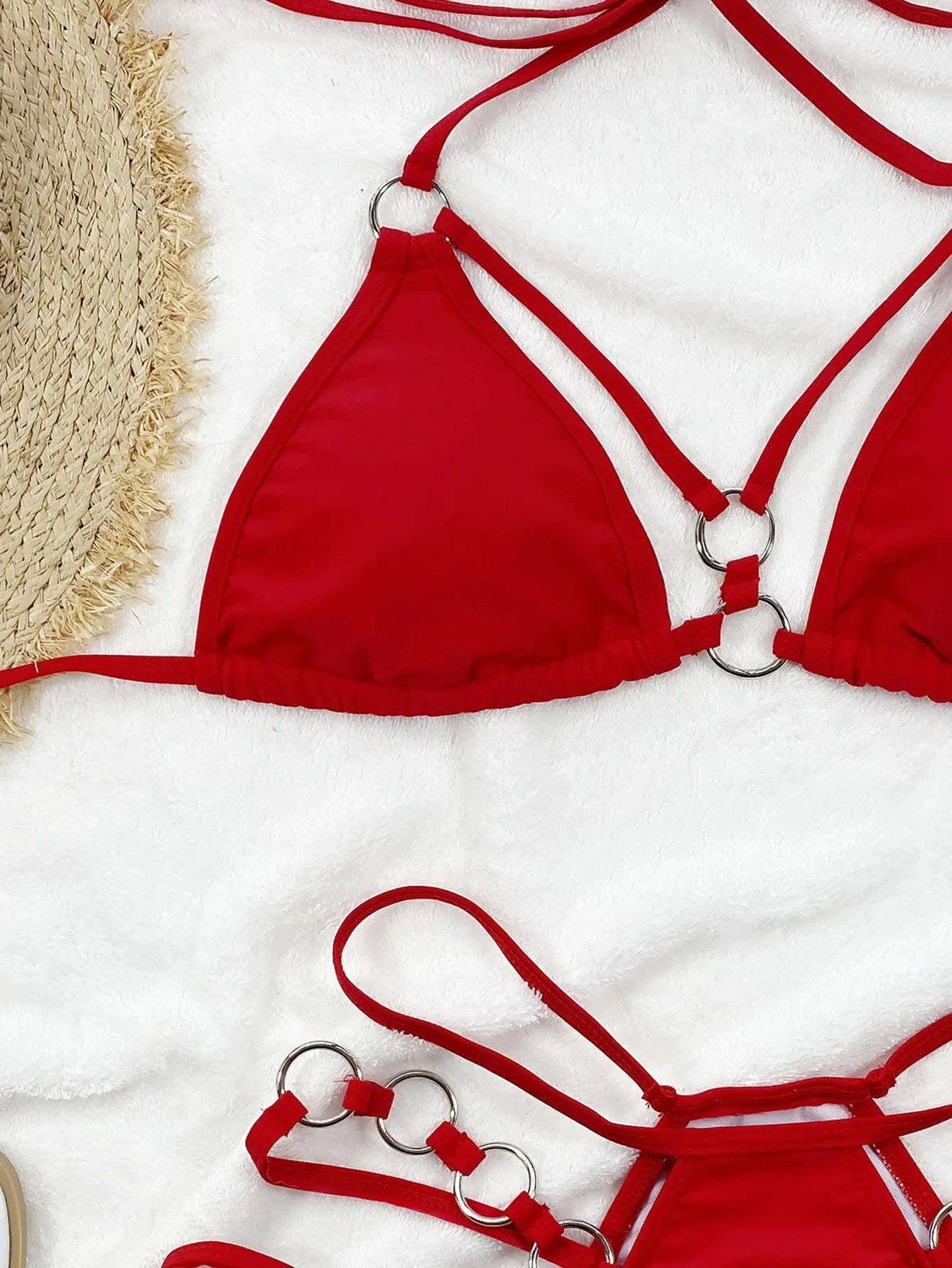 Women's separated bikini set in nylon fabric available in multiple colours including rose red and sapphire blue