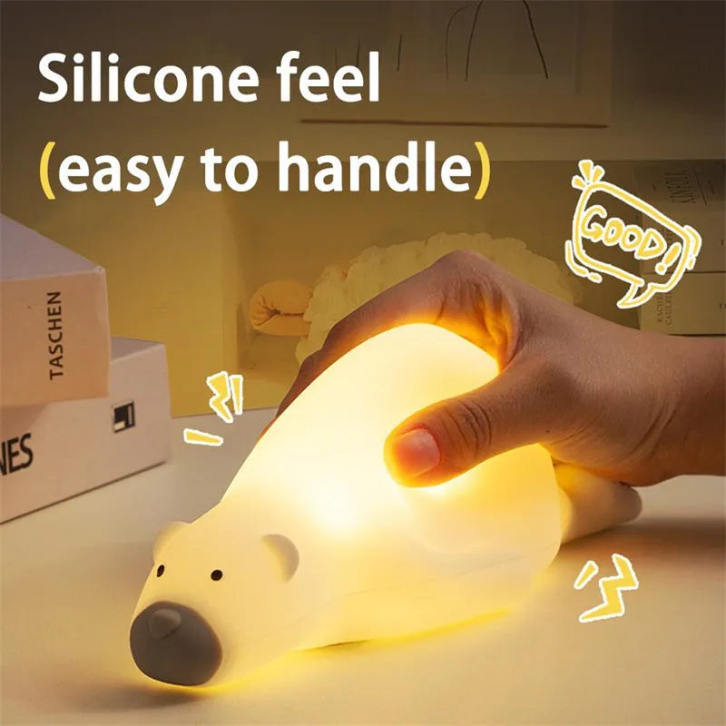 White bear-shaped silicone night light with 3 brightness levels, USB rechargeable, L21 x W10 x H7.5cm