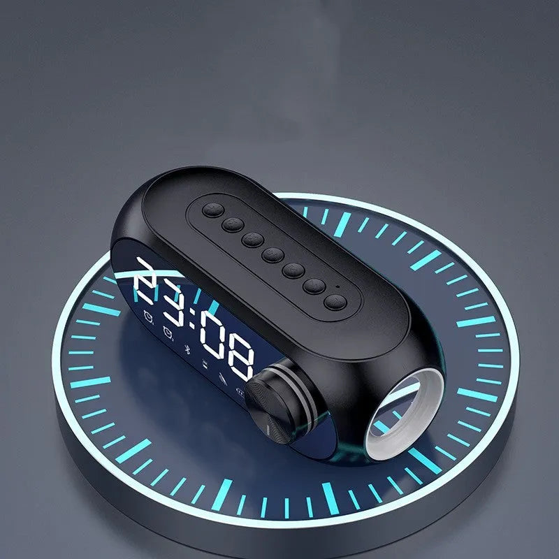 S8 Black portable mini Bluetooth speaker with extra bass and digital clock display on front.