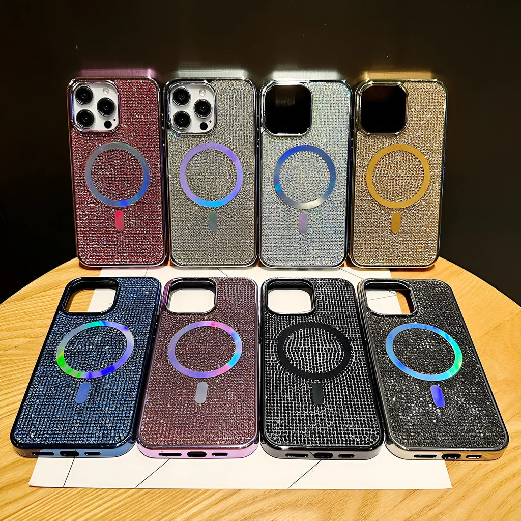 Rhinestone electroplating TPU phone case with diamond magnetic suction on a black iPhone model