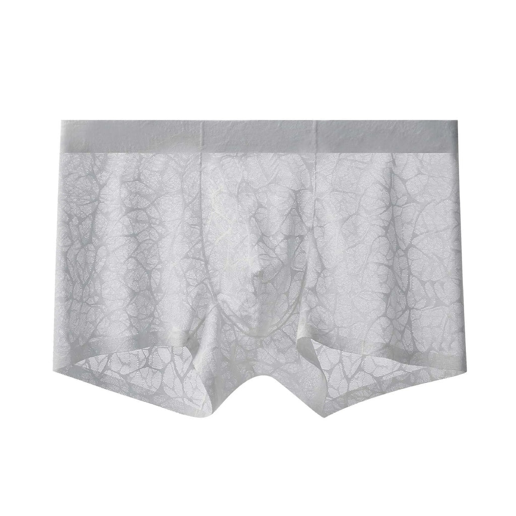 Men's thin lace leopard jacquard underwear shorts in nylon, shown in one of five colours on a middle waist fit model.