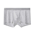 Men's thin lace leopard jacquard underwear shorts in nylon, shown in one of five colours on a middle waist fit model.