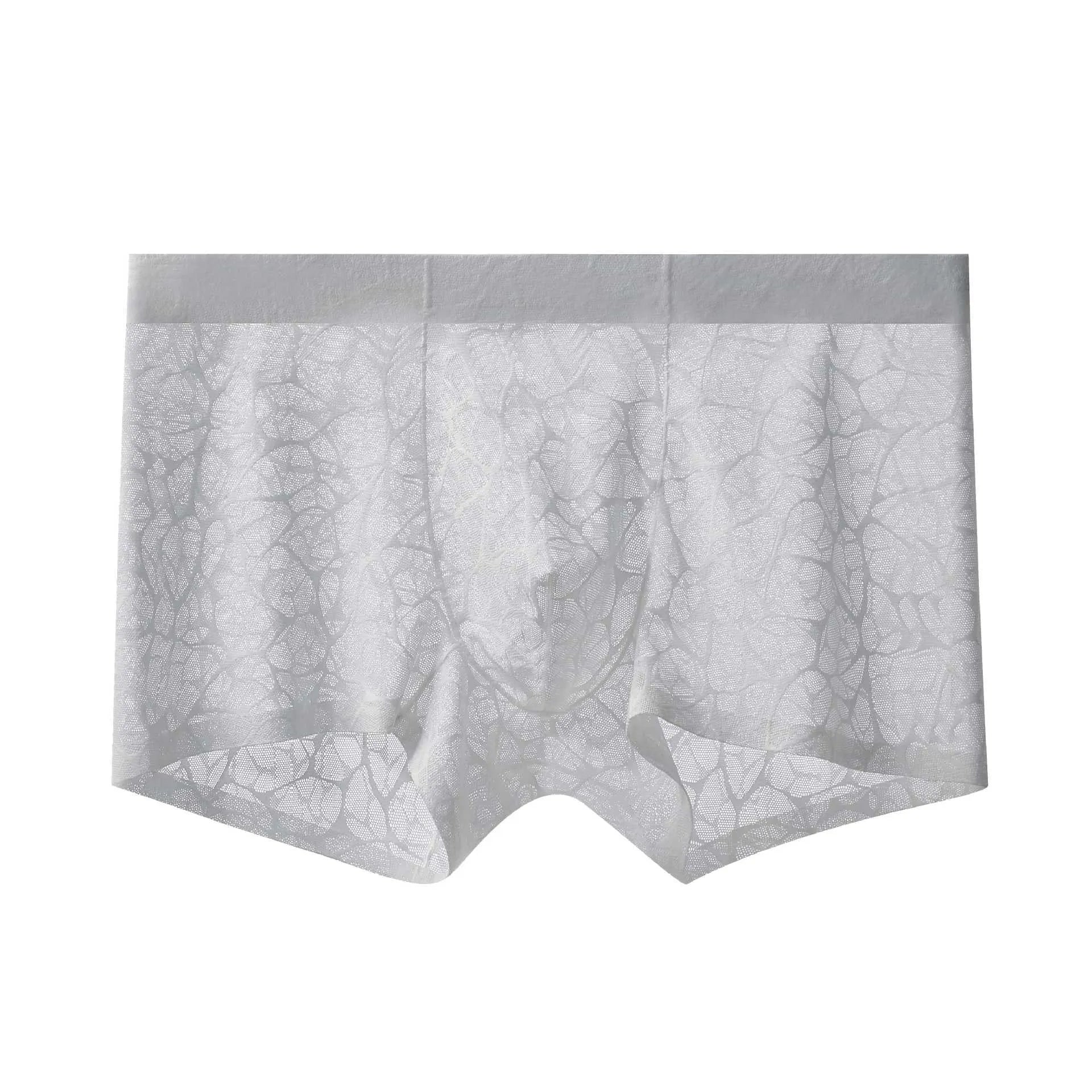 Men's thin lace leopard jacquard underwear shorts in nylon, shown in one of five colours on a middle waist fit model.