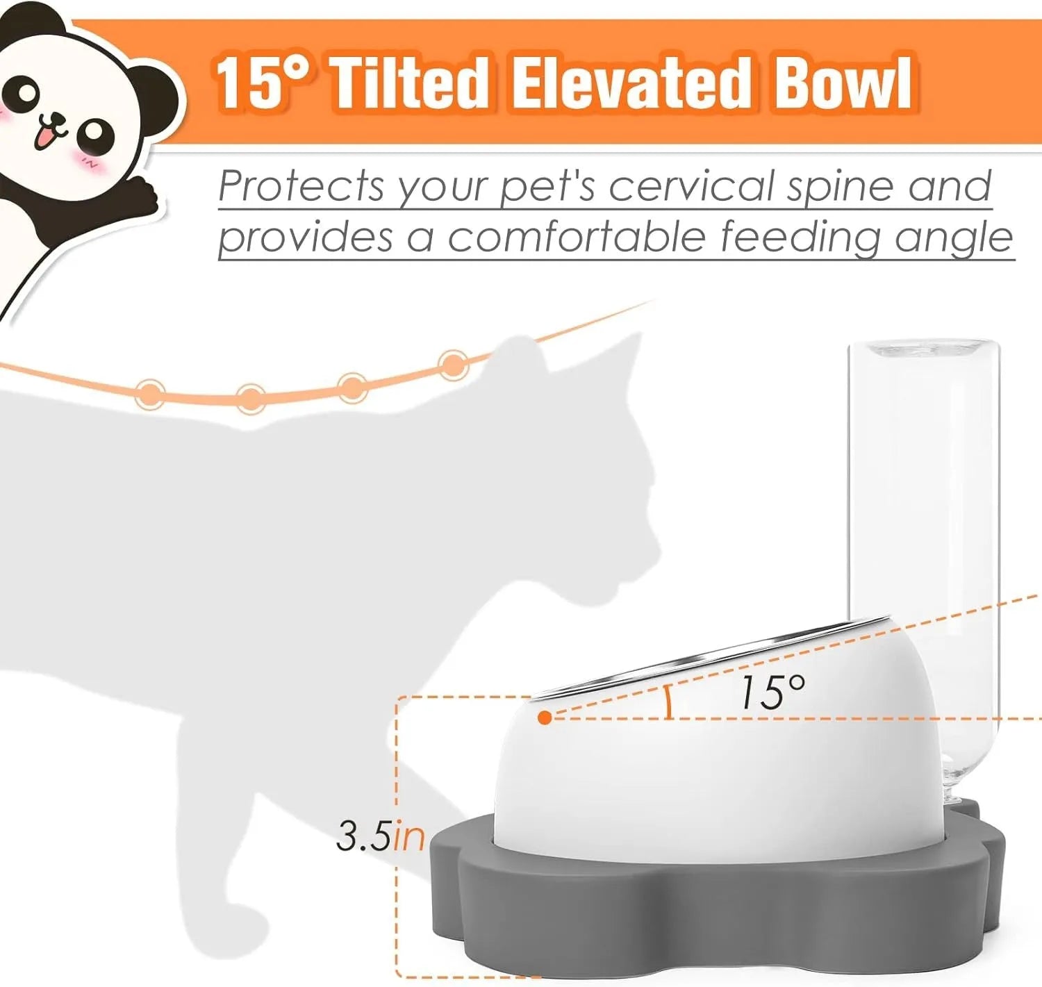 Grey panda-shaped tilted elevated pet feeder with stainless steel bowls and automatic water bottle