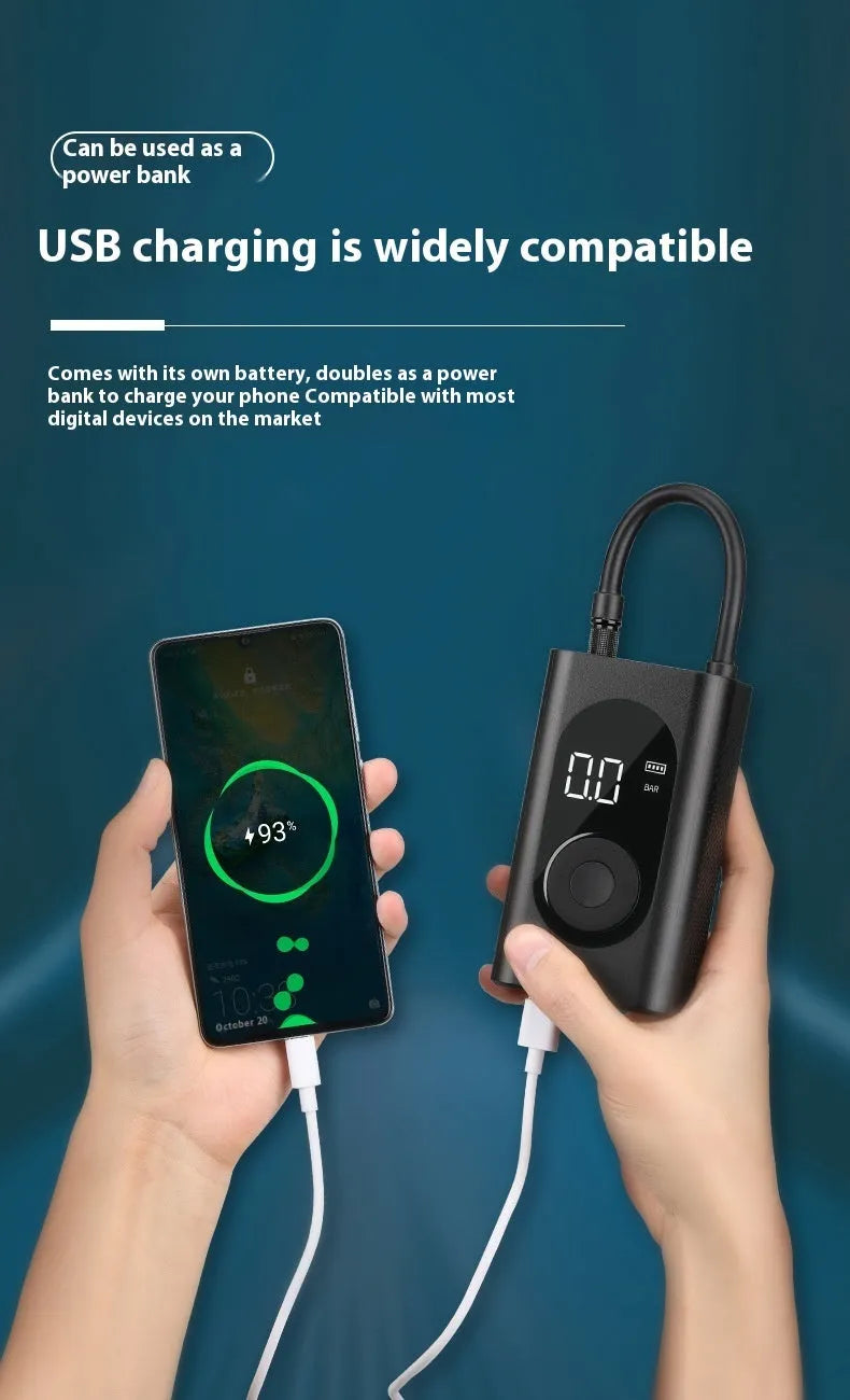 Portable wireless tyre pump with power bank and flashlight for car motorcycle bicycle inflation