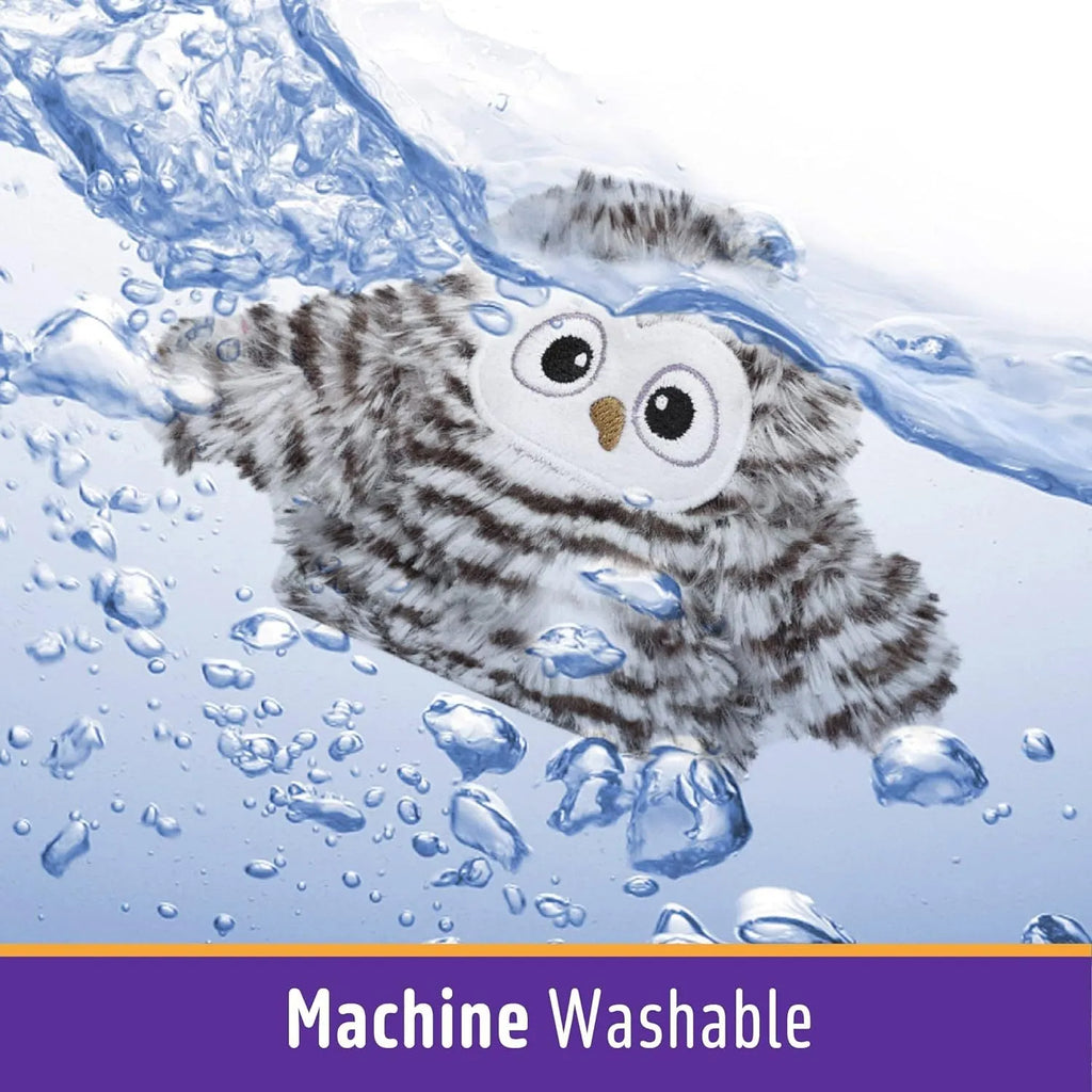 Grey automatic owl cat toy with flapping wings on a plain background