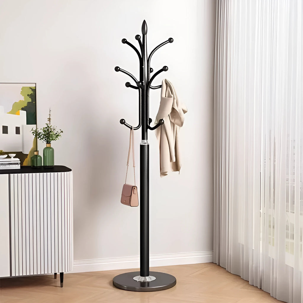 Floor-standing metal coat rack in Black with vertical multiple hooks for bedroom or hallway use