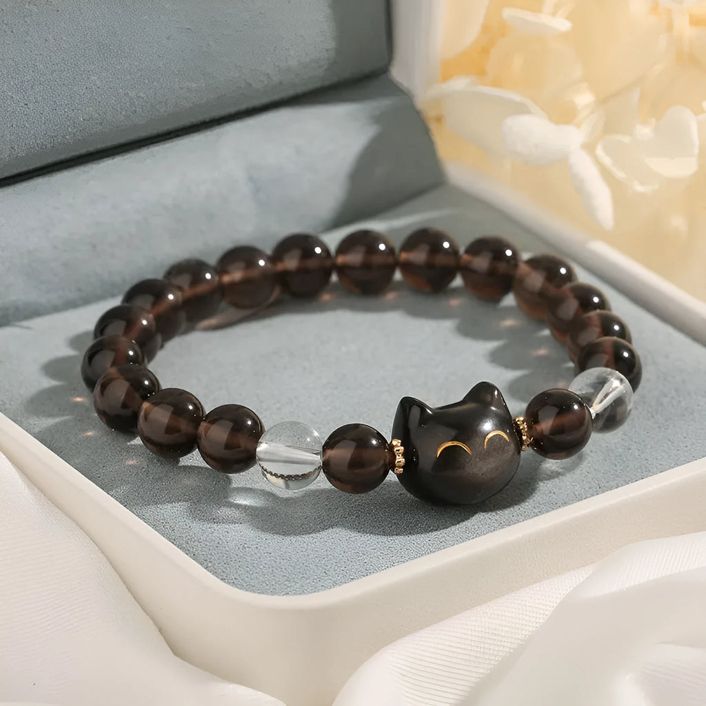 Women's silver stone cat head bracelet with 8mm ice stone beads and opal accents