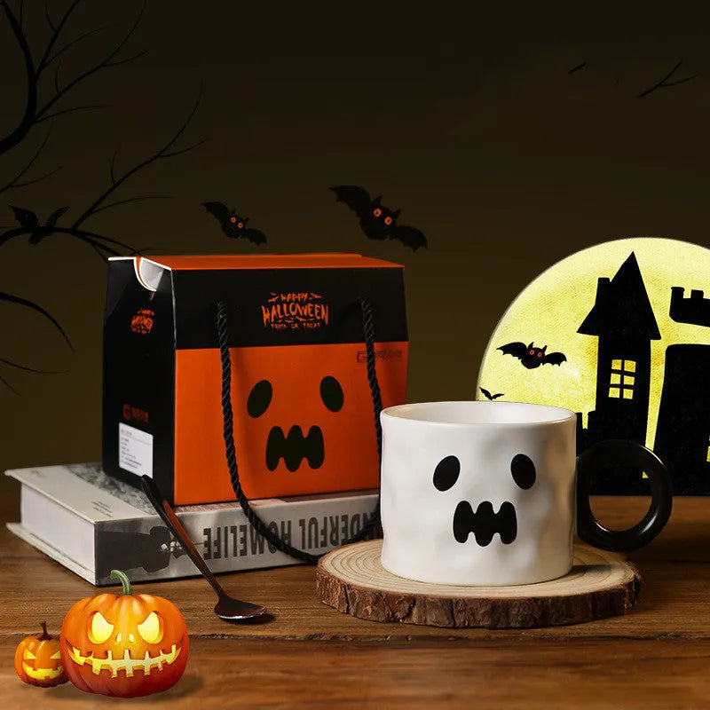 Orange pumpkin ceramic cup with handle and dessert spoon in gift box packaging