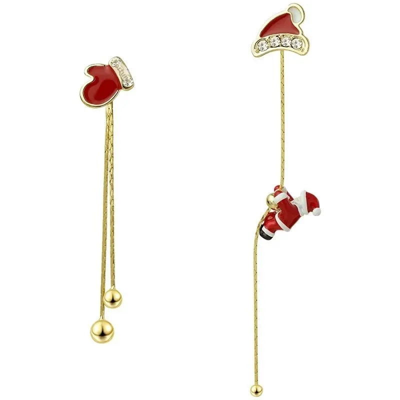 Crawling Santa tassel long asymmetric snowflake earrings in zinc alloy with inlaid diamond finish for women