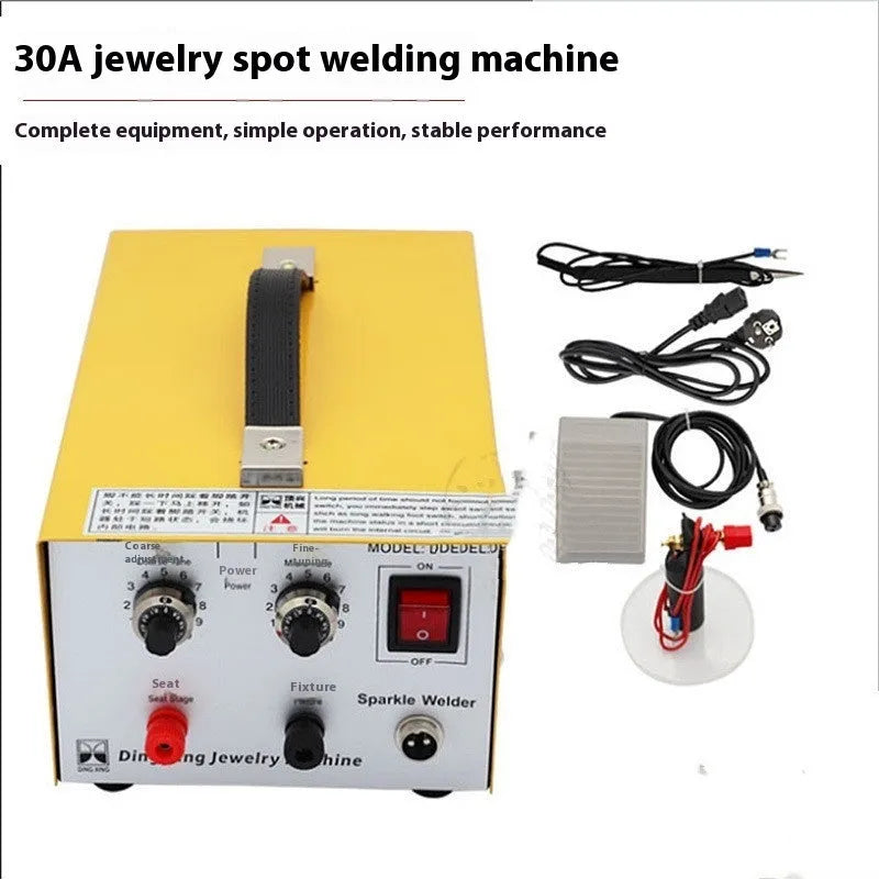 30A DC jewelry spot welder with foot pedal, soldering tweezers, and pedestal on a workbench