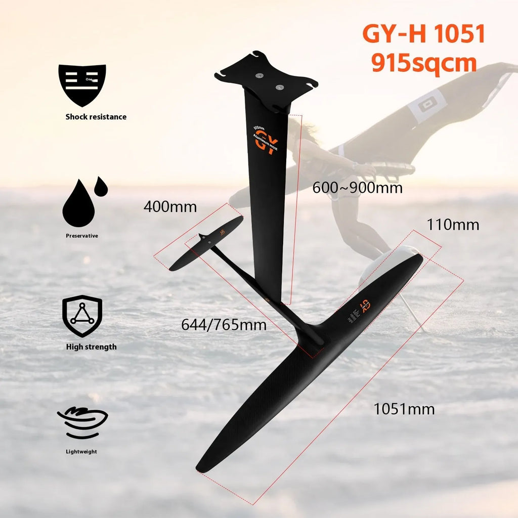 Black carbon fibre hydrofoil surfboard with aluminium alloy construction and 1051mm front wing