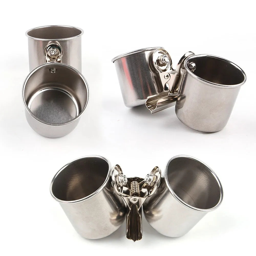 Stainless steel outdoor bird feeder in natural metallic finish, shown in three size options.