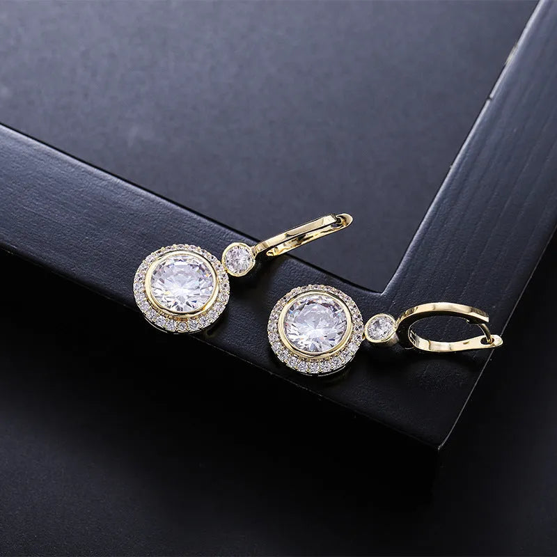 Round geometric copper micro inlay zircon stud earrings in platinum white finish