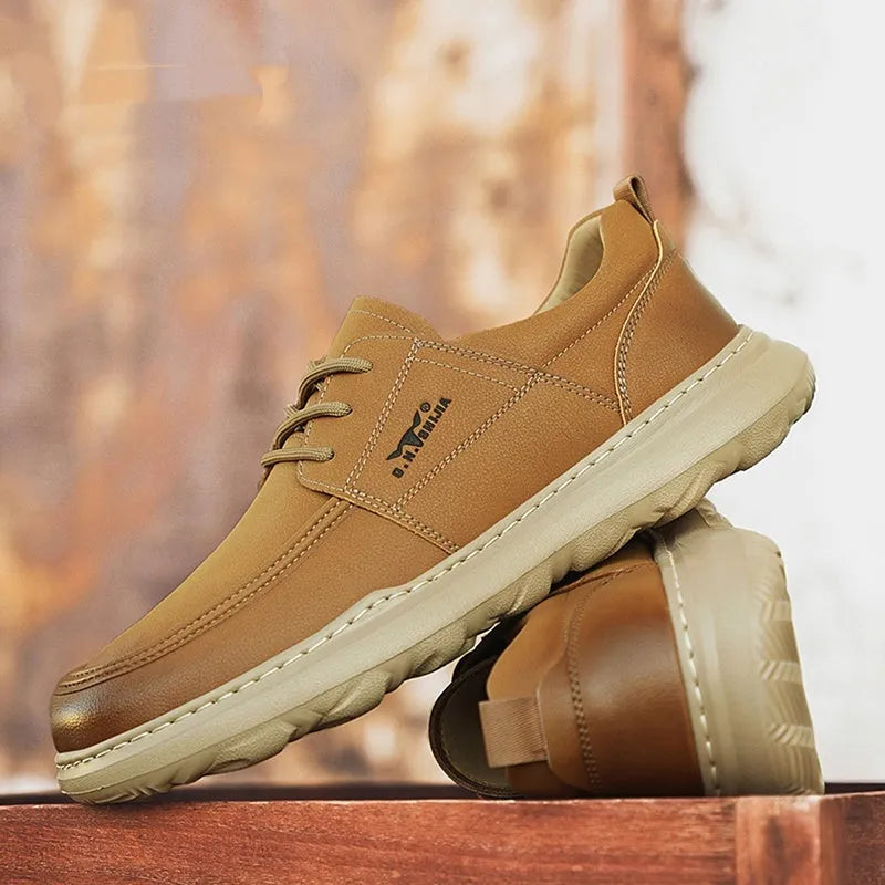 Men's casual leather shoes with lightweight rubber foam sole, plain surface, available in yellow and gray, sizes 38-44