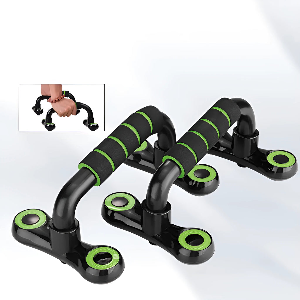 I-shaped push up bar with black and fruit green foam grips, PP plastic detachable home fitness equipment