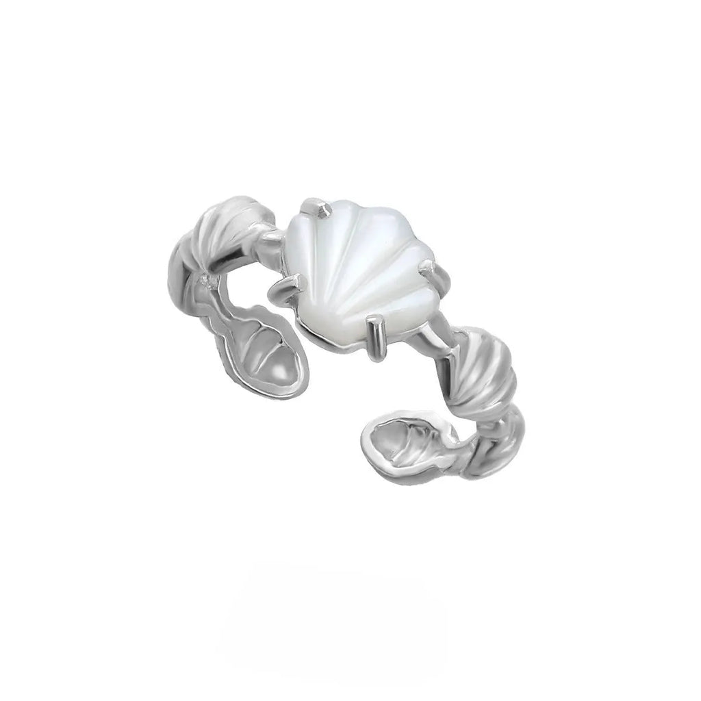 Silver adjustable ring with a white shell and tiger eye stone design in electroplated finish