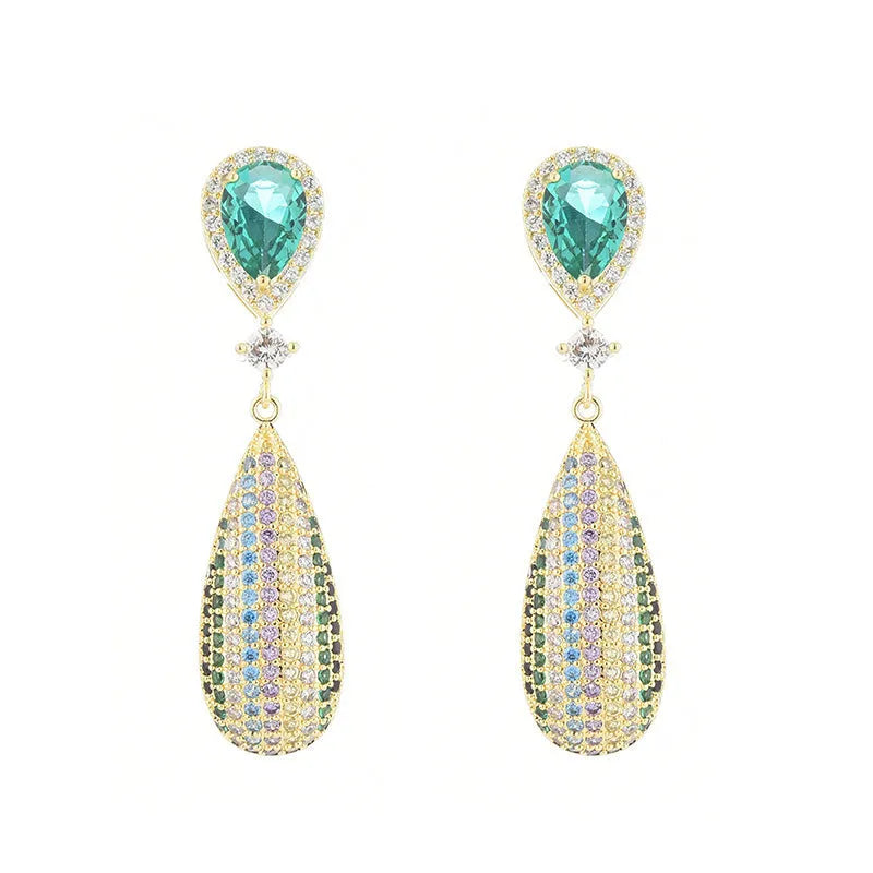 Copper drop shape earrings with inlaid zircon and gold-plated finish in 18K gold colour